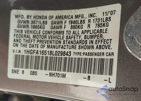 2008 Honda Civic Lx из США, поврежденный, VIN 1HGFA16518L029843